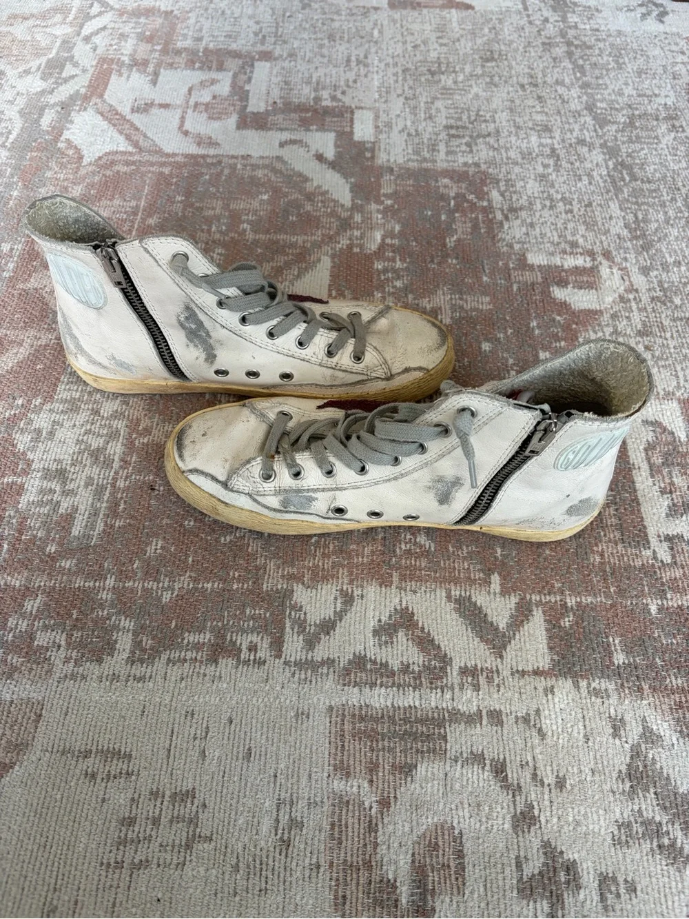 Golden Goose White Leather High-Top Sneakers with Maroon Star